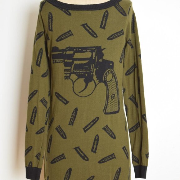 vintage Y2K dress Betsey Johnson green GUNS pistol sweater mini dress M L - Picture 8 of 10